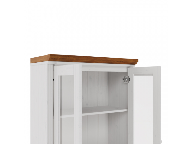 Estante de madeira com 1,19 m na cor branco lavado e mel e duas portas de vidro / Coleção biblioteca